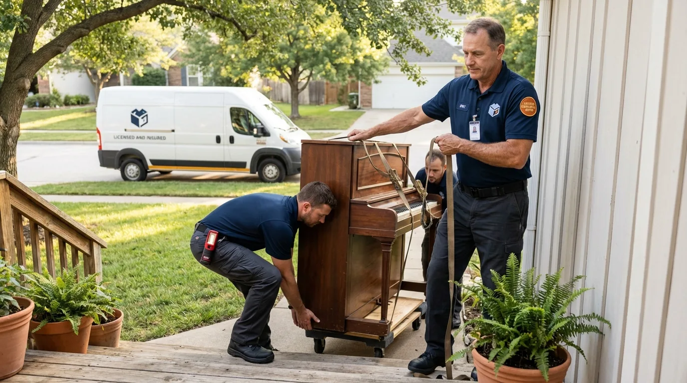 Licensed piano movers securing grand piano in Burnham, ME