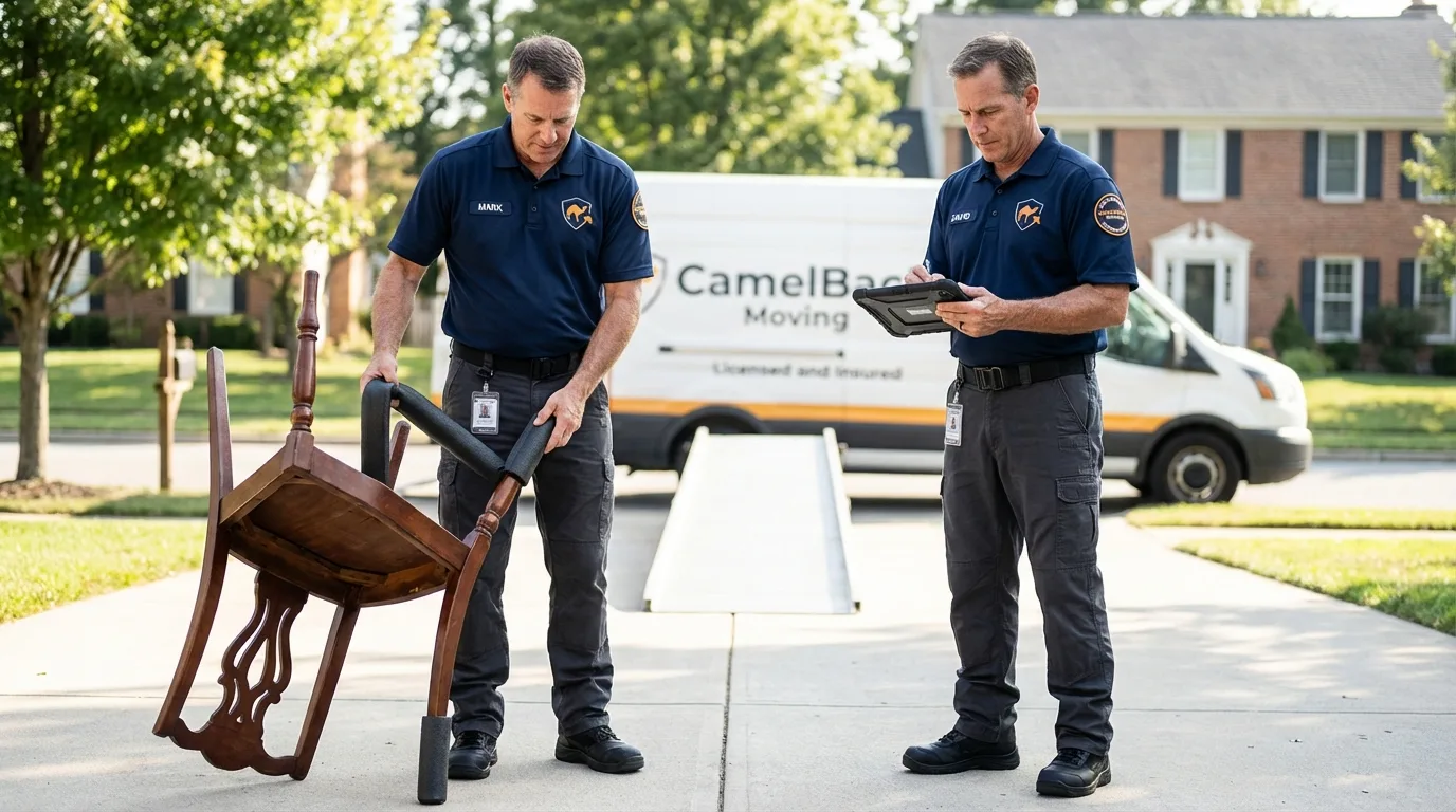 Movers inspecting furniture for damage prevention before loading in Burnham, ME